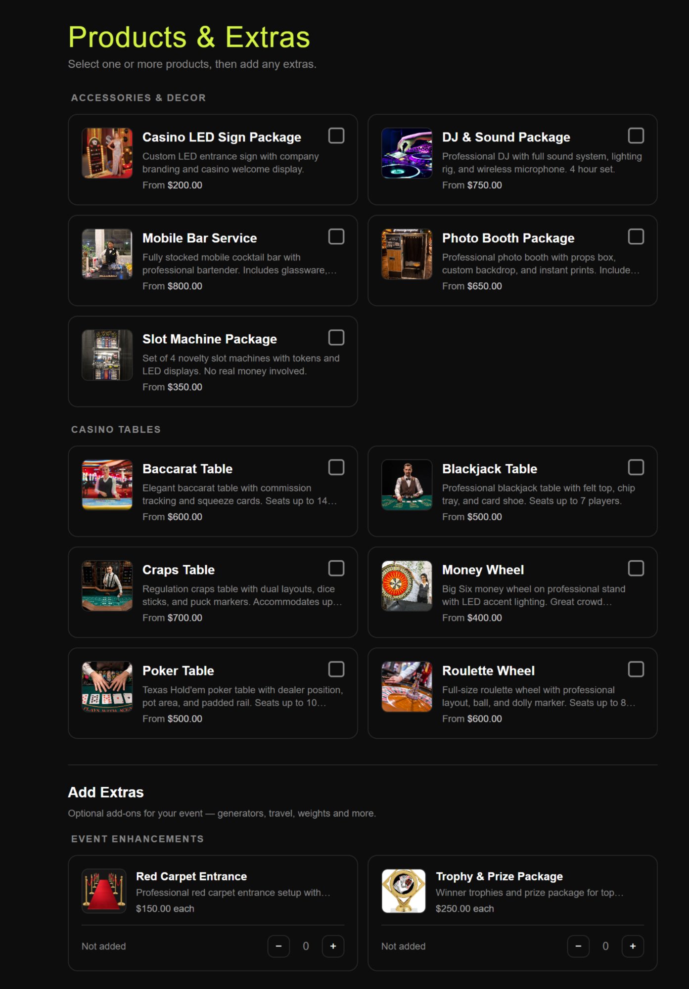 PitBoss HQ booking wizard showing product selection